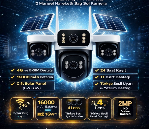 X5TECH 44-GZ 4G Solar Güvenlik Kamerası 4 Lensli, SIM Kart Destekli, Güneş Panelli, Kablosuz Güvenlik Kamerası